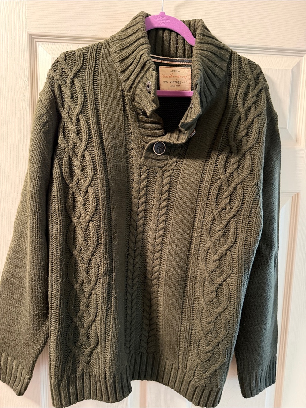 Weatherproof Olive Green Cable-Knit Zip Sweater with Stand Collar